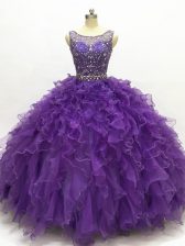 Fancy Beading and Ruffles Sweet 16 Dress Purple Lace Up Sleeveless Floor Length
