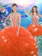  Orange Red Ball Gowns Sweetheart Sleeveless Organza Floor Length Lace Up Beading and Ruffles Quinceanera Dress
