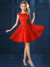  Cap Sleeves Knee Length Lace and Appliques Lace Up Dama Dress for Quinceanera with Red