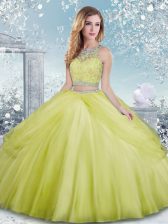 Enchanting Tulle Scoop Sleeveless Clasp Handle Beading Sweet 16 Dresses in Yellow Green