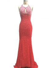  Column/Sheath Sleeveless Red Dress for Prom Brush Train Criss Cross