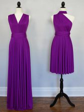 Extravagant Chiffon Halter Top Sleeveless Lace Up Beading and Ruching Dama Dress for Quinceanera in Purple