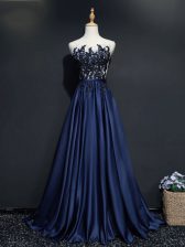  Sleeveless Beading and Appliques Zipper Prom Dress with Navy Blue Brush Train