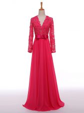  Long Sleeves Floor Length Lace and Appliques and Belt Zipper Evening Dress with Hot Pink