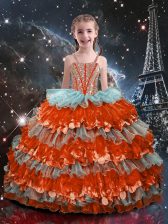  Multi-color Ball Gowns Organza Straps Sleeveless Beading and Ruffled Layers Floor Length Lace Up Kids Formal Wear