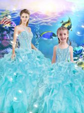 Sweet Aqua Blue Ball Gowns Beading and Ruffles 15th Birthday Dress Lace Up Organza Sleeveless Floor Length