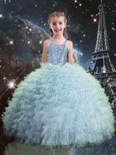  Floor Length Ball Gowns Sleeveless Light Blue Little Girl Pageant Gowns Lace Up
