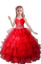 Nice Red Sleeveless Floor Length Beading and Ruffled Layers Zipper Pageant Gowns For Girls