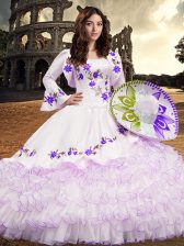 Floor Length Lace Up Quince Ball Gowns White for Military Ball and Sweet 16 and Quinceanera with Embroidery and Ruffled Layers