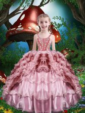 Lovely Baby Pink Sleeveless Floor Length Beading and Ruffles and Ruffled Layers Lace Up Little Girl Pageant Dress