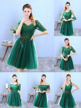 Most Popular Half Sleeves Knee Length Lace Backless Vestidos de Damas with Green