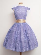 Spectacular Knee Length Lace Up Court Dresses for Sweet 16 Lavender for Prom and Party and Wedding Party with Belt