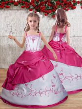  Hot Pink Ball Gowns Taffeta Straps Sleeveless Embroidery Floor Length Lace Up Little Girls Pageant Dress Wholesale