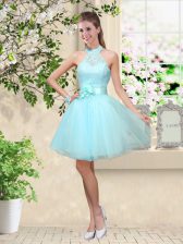  Sleeveless Tulle Knee Length Lace Up Quinceanera Court of Honor Dress in Aqua Blue with Lace and Belt