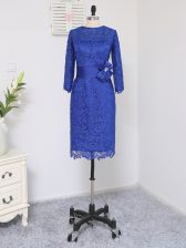  Royal Blue Long Sleeves Lace and Appliques and Belt Knee Length Dress for Prom