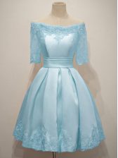 Glittering Light Blue Half Sleeves Knee Length Lace Lace Up Dama Dress for Quinceanera