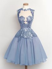 Adorable Light Blue A-line Chiffon High-neck Sleeveless Lace Knee Length Lace Up Damas Dress
