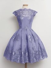 Lavender A-line Scalloped Cap Sleeves Tulle Knee Length Lace Up Lace Quinceanera Court of Honor Dress