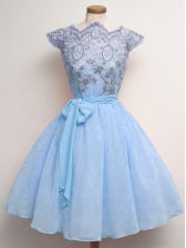 Luxurious Blue A-line Lace and Belt Dama Dress Lace Up Chiffon Cap Sleeves Knee Length