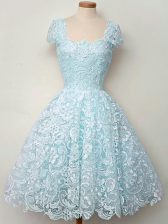 Flare Aqua Blue Lace Up Straps Lace Quinceanera Court of Honor Dress Lace Cap Sleeves