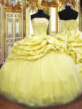 Low Price Sleeveless Floor Length Beading and Pick Ups Lace Up Quinceanera Dresses with Gold