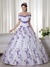  White Short Sleeves Organza Lace Up Quinceanera Gown for Military Ball and Sweet 16 and Quinceanera