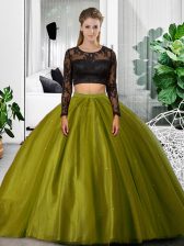 Inexpensive Olive Green Long Sleeves Floor Length Lace and Ruching Backless 15th Birthday Dress