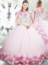 Shining Brush Train Ball Gowns 15th Birthday Dress Pink Off The Shoulder Fabric With Rolling Flowers Sleeveless Lace Up