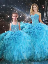 Elegant Organza Sweetheart Sleeveless Lace Up Beading and Ruffles Quinceanera Gown in Aqua Blue