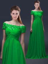 New Arrival Empire Prom Dress Green Off The Shoulder Chiffon Short Sleeves Floor Length Lace Up