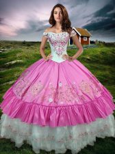 Sleeveless Taffeta Floor Length Lace Up Vestidos de Quinceanera in Rose Pink with Beading and Embroidery and Ruffled Layers