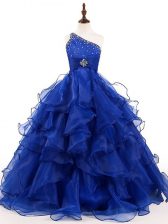 Best Floor Length Royal Blue Little Girls Pageant Dress Wholesale One Shoulder Sleeveless Zipper
