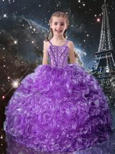 Hot Selling Sleeveless Floor Length Beading and Ruffles Lace Up Child Pageant Dress with Eggplant Purple