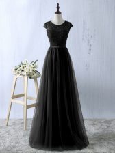 Delicate Floor Length Zipper Homecoming Dress Black for Prom and Party and Military Ball with Lace