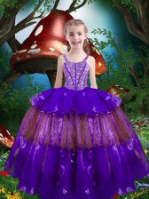  Sleeveless Organza Floor Length Lace Up Little Girls Pageant Dress in Purple with Beading and Ruffled Layers
