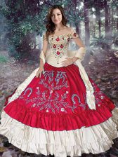  Off The Shoulder Sleeveless Lace Up Quinceanera Gown Red Taffeta