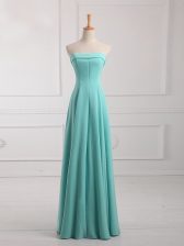  Aqua Blue Empire Strapless Sleeveless Chiffon Floor Length Lace Up Ruching Dama Dress for Quinceanera