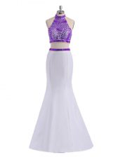  White And Purple Criss Cross Prom Dress Beading Sleeveless Floor Length