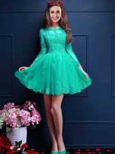 Shining Beading and Lace and Appliques Dama Dress for Quinceanera Turquoise Lace Up 3 4 Length Sleeve Mini Length