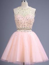 Free and Easy Knee Length Peach Quinceanera Court of Honor Dress Tulle Sleeveless Beading