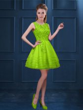  Green A-line Scoop Sleeveless Tulle Knee Length Zipper Lace and Ruffled Layers Quinceanera Court Dresses
