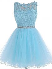 Eye-catching Mini Length Zipper Homecoming Dress Baby Blue for Prom and Party and Sweet 16 with Beading and Lace and Appliques