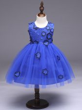 Latest Royal Blue Scoop Zipper Appliques and Bowknot Child Pageant Dress Sleeveless