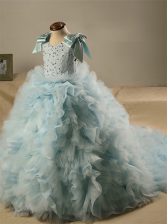  Light Blue Ball Gowns Tulle Scoop Sleeveless Beading and Ruffles and Bowknot Zipper Little Girls Pageant Dress Brush Train
