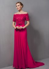 Charming Hot Pink Prom Dress Prom and Party with Lace Off The Shoulder Short Sleeves Sweep Train Zipper
