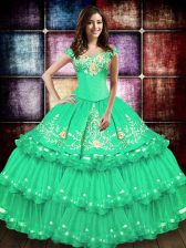 Unique Turquoise Taffeta Lace Up Quinceanera Dress Sleeveless Floor Length Embroidery and Ruffled Layers