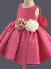 Modern Hot Pink Flower Girl Dresses for Less Wedding Party with Bowknot and Hand Made Flower Scoop Sleeveless Clasp Handle