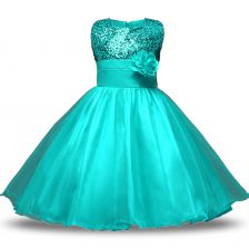  Turquoise Flower Girl Dress Military Ball and Sweet 16 and Quinceanera with Bowknot and Belt and Hand Made Flower Scoop Sleeveless Zipper