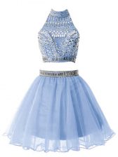  Light Blue Organza Zipper Court Dresses for Sweet 16 Sleeveless Knee Length Beading