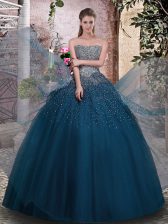  Teal Sleeveless Tulle Lace Up Quinceanera Dress for Military Ball and Sweet 16 and Quinceanera
